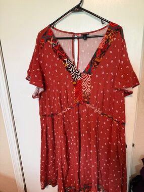 torrid Rust Red Printed Midi Dress with Multicolor Trim with Pockets